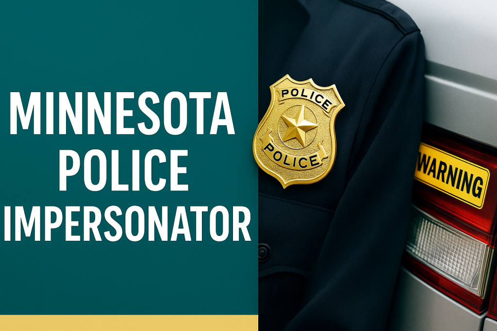 A digital news graphic displays the bold, capitalized title “Minnesota Police Impersonator” centered at the bottom of the image, paired with a close-up of a gold police badge and the back of a car marked “Warning.” Designed for an article about the Minnesota police impersonator involved in a shooting.