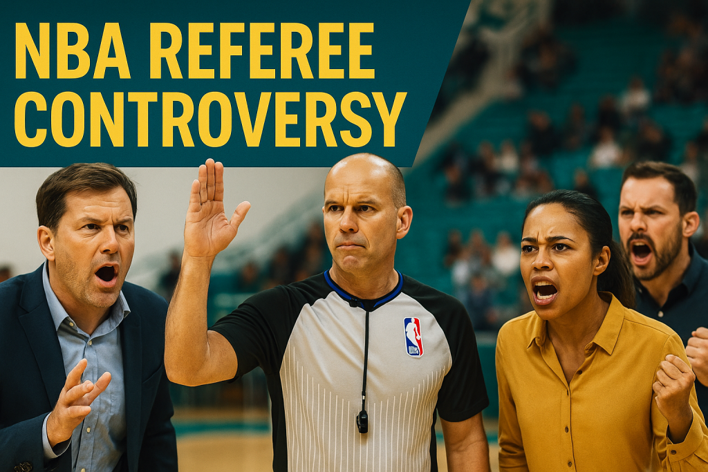 A referee stands in the middle of an emotional NBA referee controversy scene, with fans and players expressing frustration—highlighting the rising tension around officiating during the 2025 playoffs.