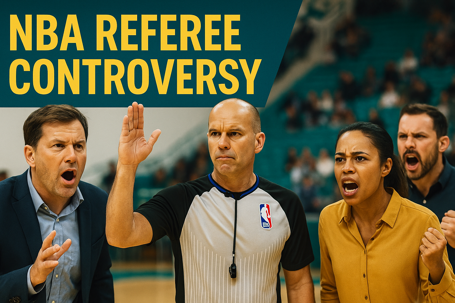 A referee stands in the middle of an emotional NBA referee controversy scene, with fans and players expressing frustration—highlighting the rising tension around officiating during the 2025 playoffs.