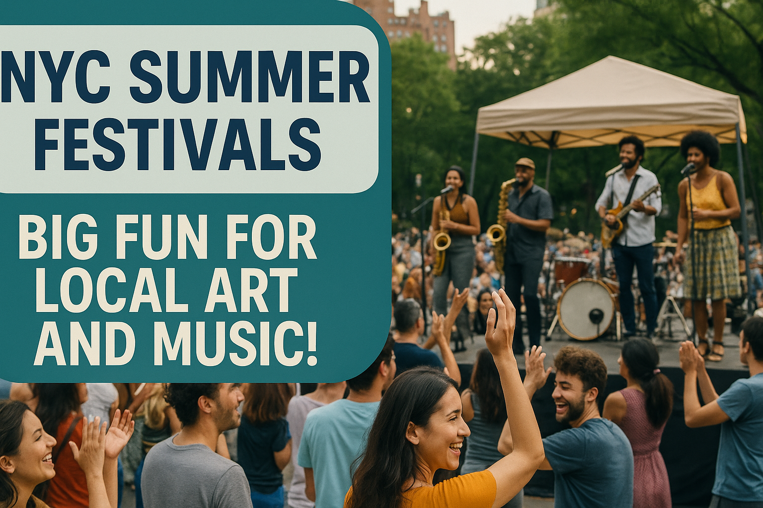 A promotional digital photograph with graphic design promoting NYC summer festivals local art music, showing a diverse crowd enjoying a live outdoor concert.