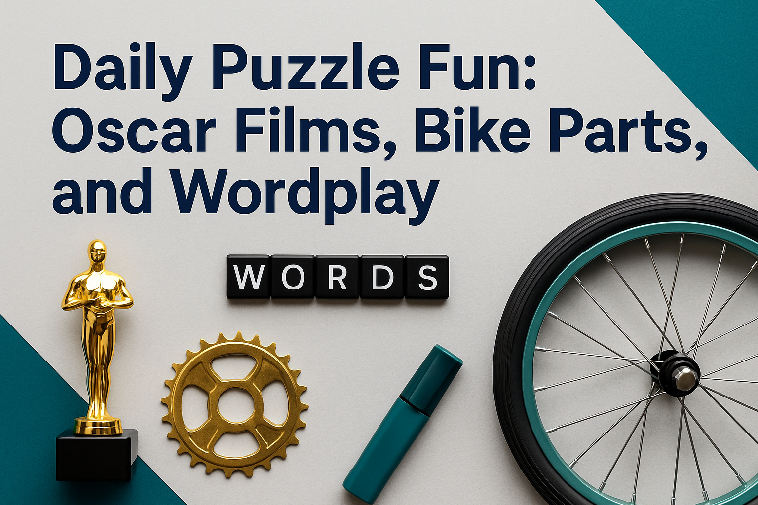 Banner showing the theme of NYT Connections May 28 2025 puzzle with Oscar trophy, bike parts, and word tiles.