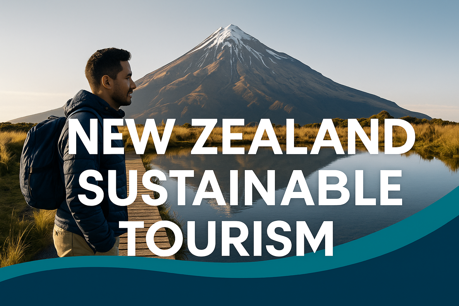 A digital photograph promoting New Zealand sustainable tourism, featuring a hiker admiring Mount Taranaki at sunrise with eco-friendly typography and brand color highlights.