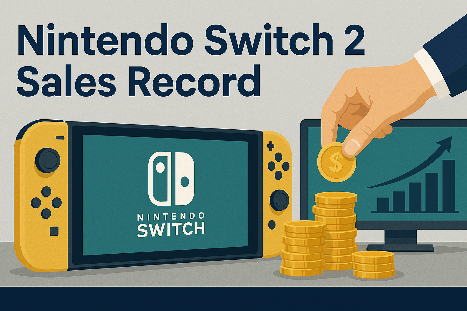 A news-themed digital banner image announces the Nintendo Switch 2 sales record, featuring the console, gold coins, and a rising bar graph in navy, soft gold, light gray, and teal.
