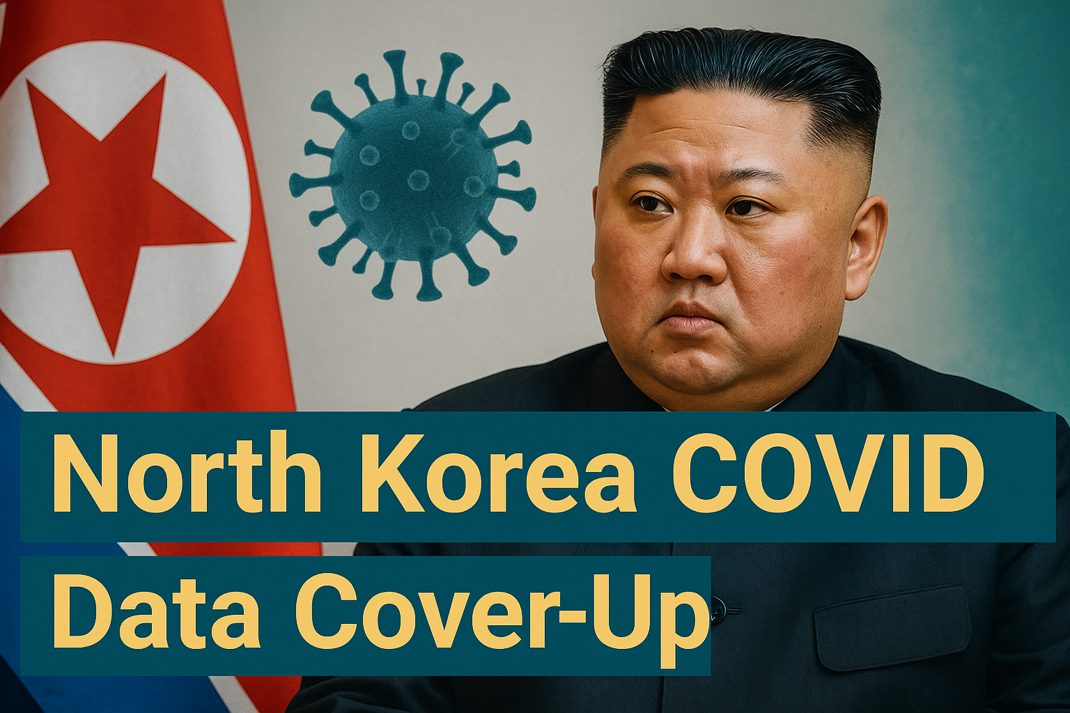 Banner image with bold text “North Korea COVID Data Cover-Up,” featuring a photo of Kim Jong-un, North Korean flag, and virus graphic, in brand colors of navy, soft gold, gray, and teal.