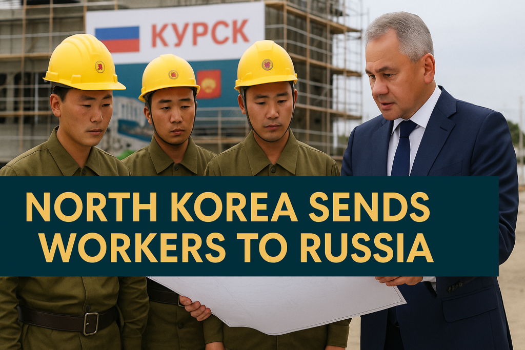 Wide banner image showing North Korean workers in uniform and a Russian official reviewing blueprints at a Kursk construction site, with the headline “North Korea Sends Workers to Russia” displayed in bold gold text.