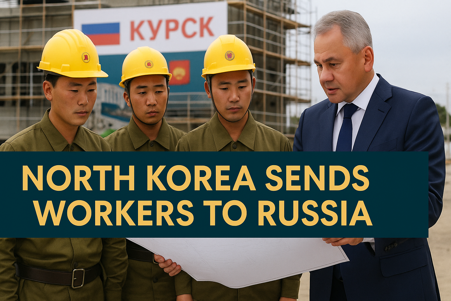 Wide banner image showing North Korean workers in uniform and a Russian official reviewing blueprints at a Kursk construction site, with the headline “North Korea Sends Workers to Russia” displayed in bold gold text.