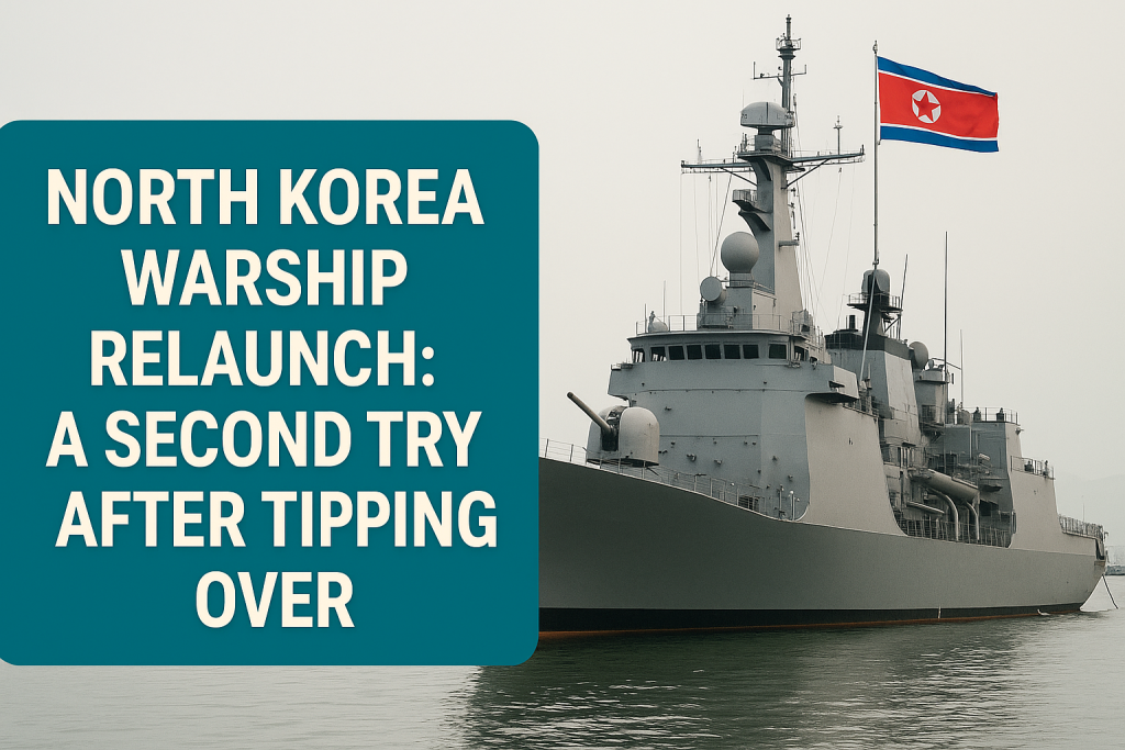 A news banner graphic features a large, gray North Korean warship with radar equipment and a red national flag, alongside a bold teal text panel reading "North Korea Warship Relaunch: A Second Try After Tipping Over."