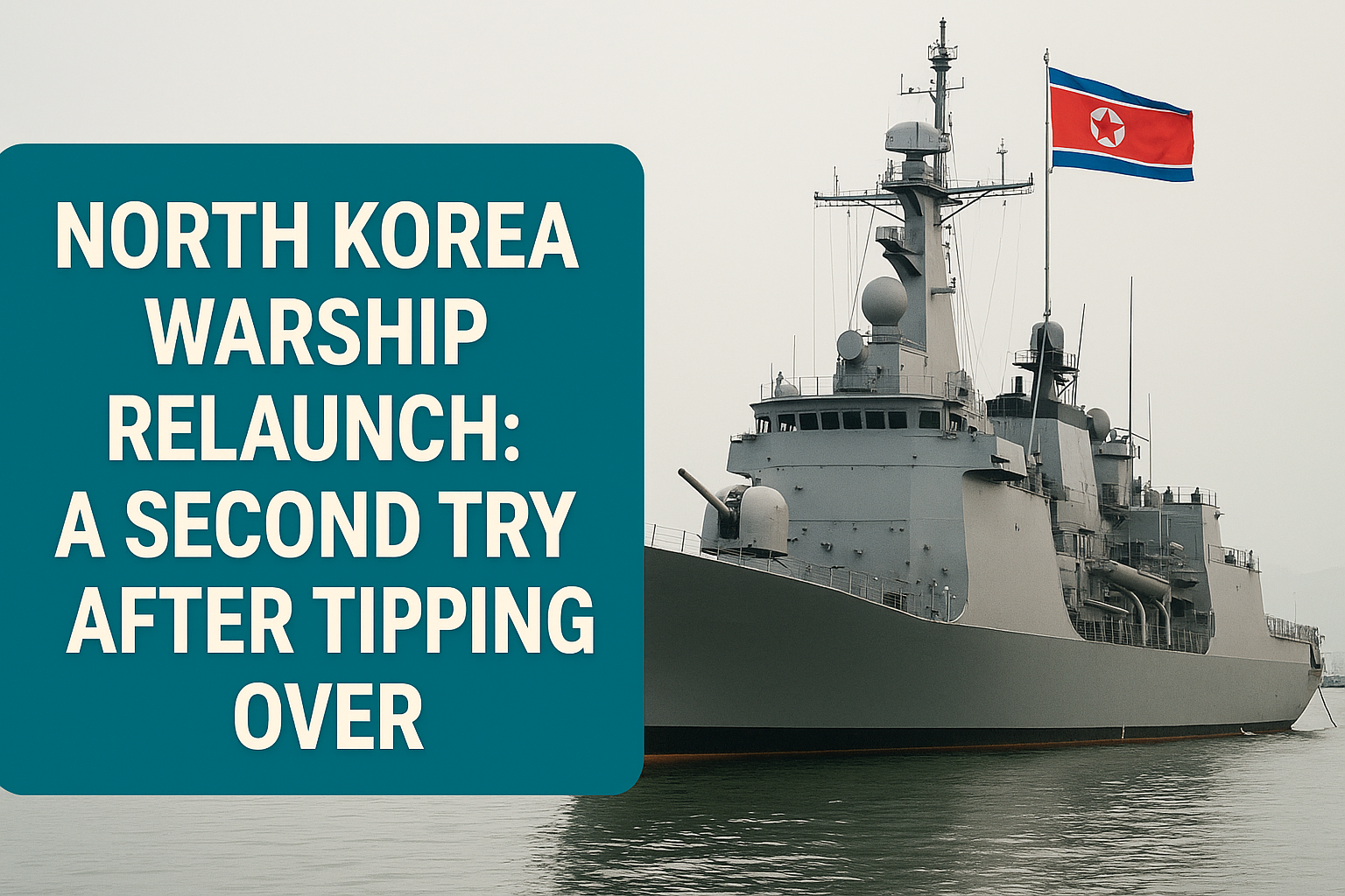 A news banner graphic features a large, gray North Korean warship with radar equipment and a red national flag, alongside a bold teal text panel reading "North Korea Warship Relaunch: A Second Try After Tipping Over."