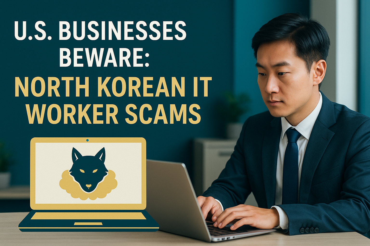 Banner image highlighting the threat of North Korean IT worker scams, featuring a business professional at a laptop and a wolf-in-sheep’s-clothing icon, styled in navy blue, soft gold, light gray, and teal.