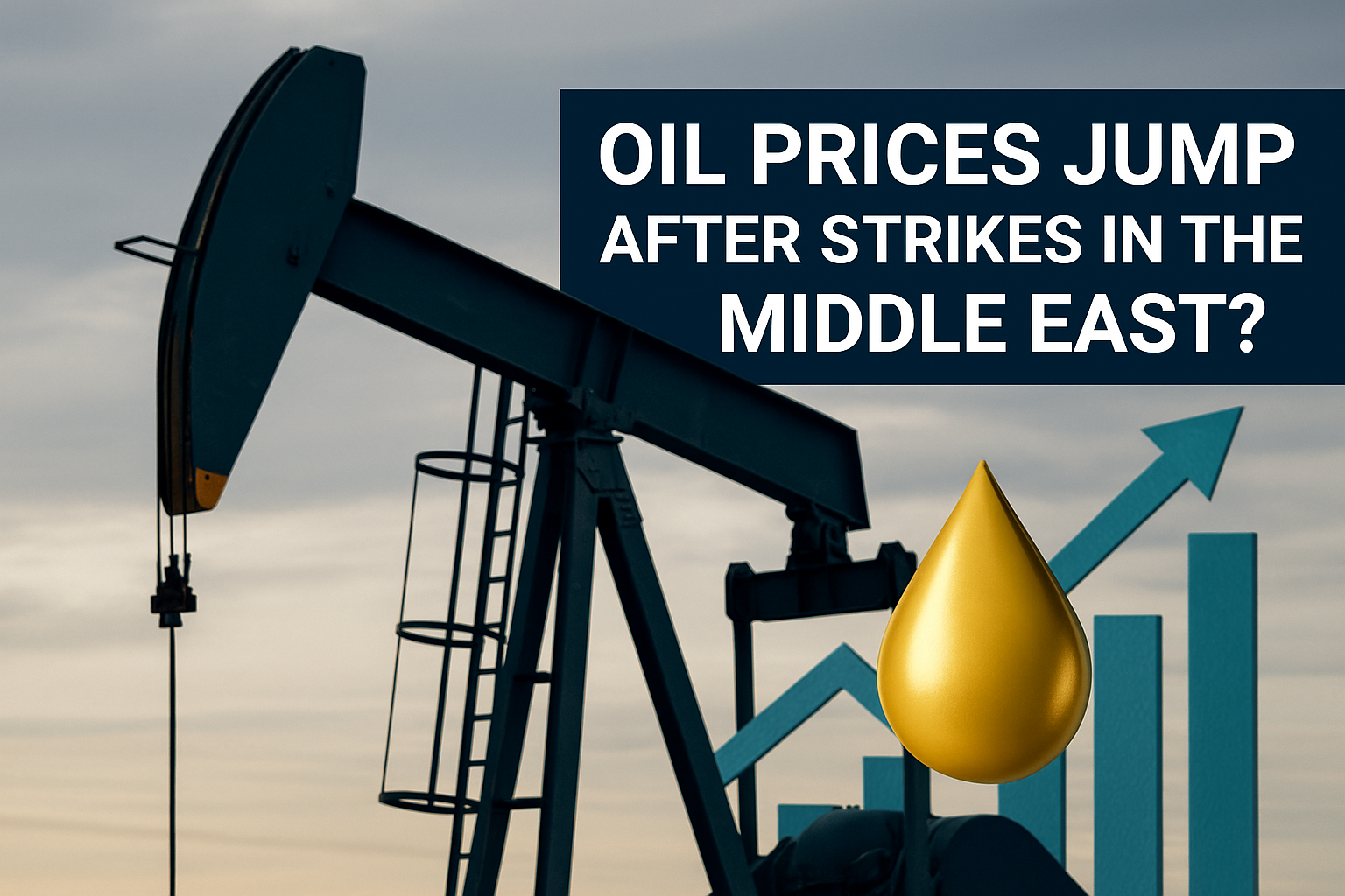 Oil price jump Israel Iran photographic banner showing oil pumpjack, rising arrow, golden oil drop, and bar chart after Middle East strikes.