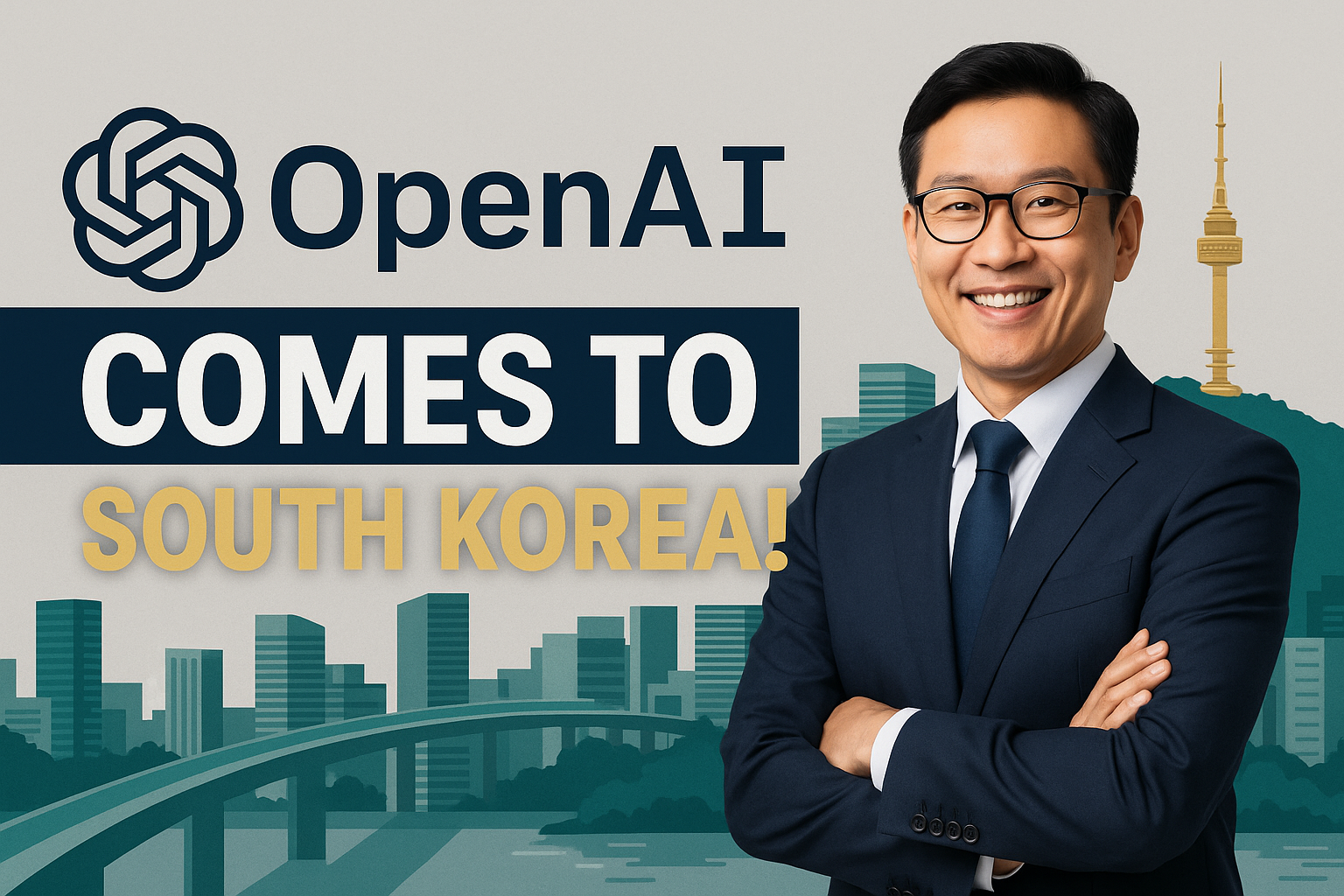 Banner image for OpenAI South Korea legal entity article showing a professional businessman in front of Seoul skyline, representing OpenAI's expansion into South Korea.