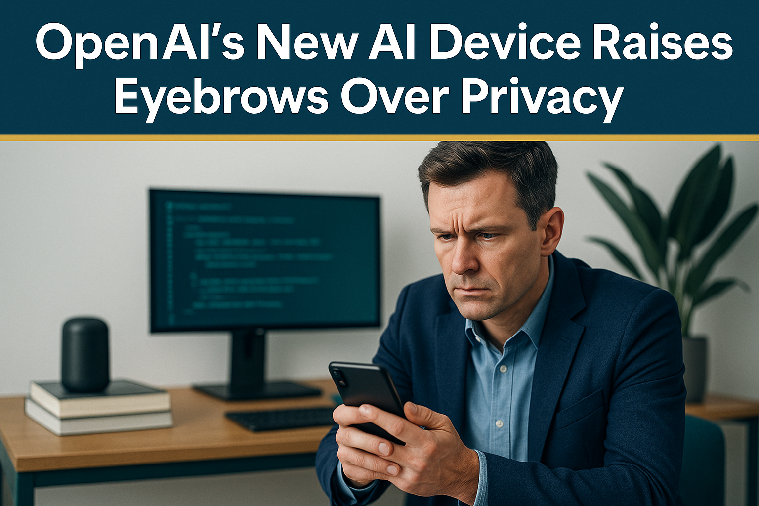 A digital banner image for the article titled “OpenAI’s New AI Device Raises Eyebrows Over Privacy” shows a concerned professional man looking at his phone, with a smart speaker and a computer monitor in the background—visually highlighting OpenAI io device privacy concerns.