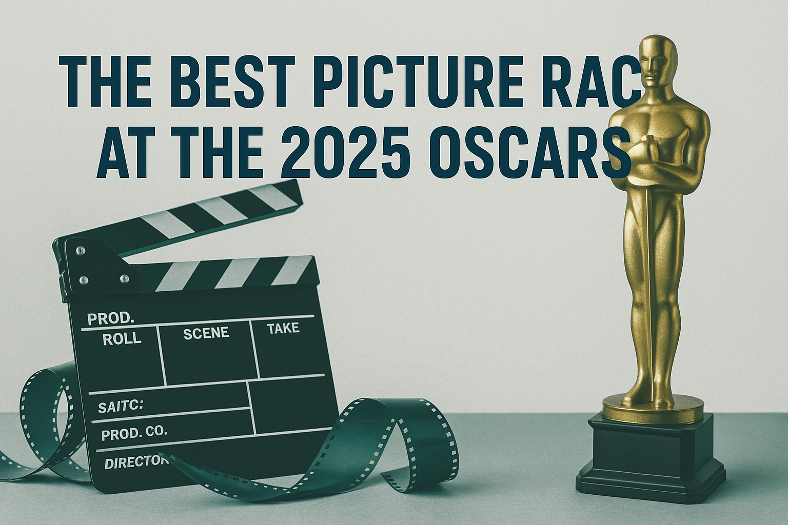 Banner image for “Oscars 2025 Best Picture” article featuring an Oscar statuette and film clapperboard on a navy blue, soft gold, and teal-themed background.