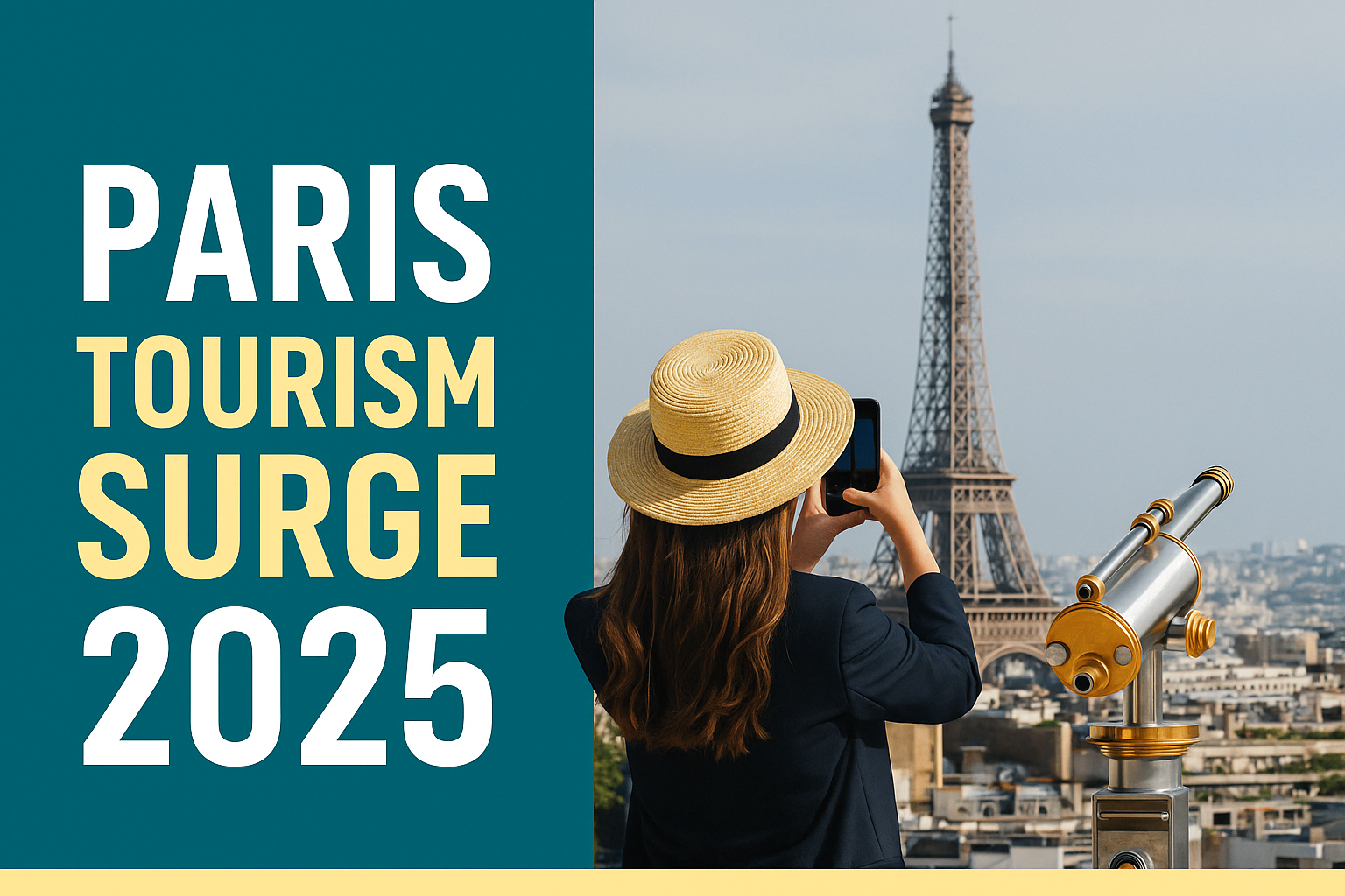 A banner image titled "Paris Tourism Surge 2025" featuring a woman taking a photo of the Eiffel Tower, with a coin-operated binocular viewer in the foreground. The left side of the image shows the title in bold Roboto font using All About English brand colors: navy blue background, soft gold accent text, and teal highlights.