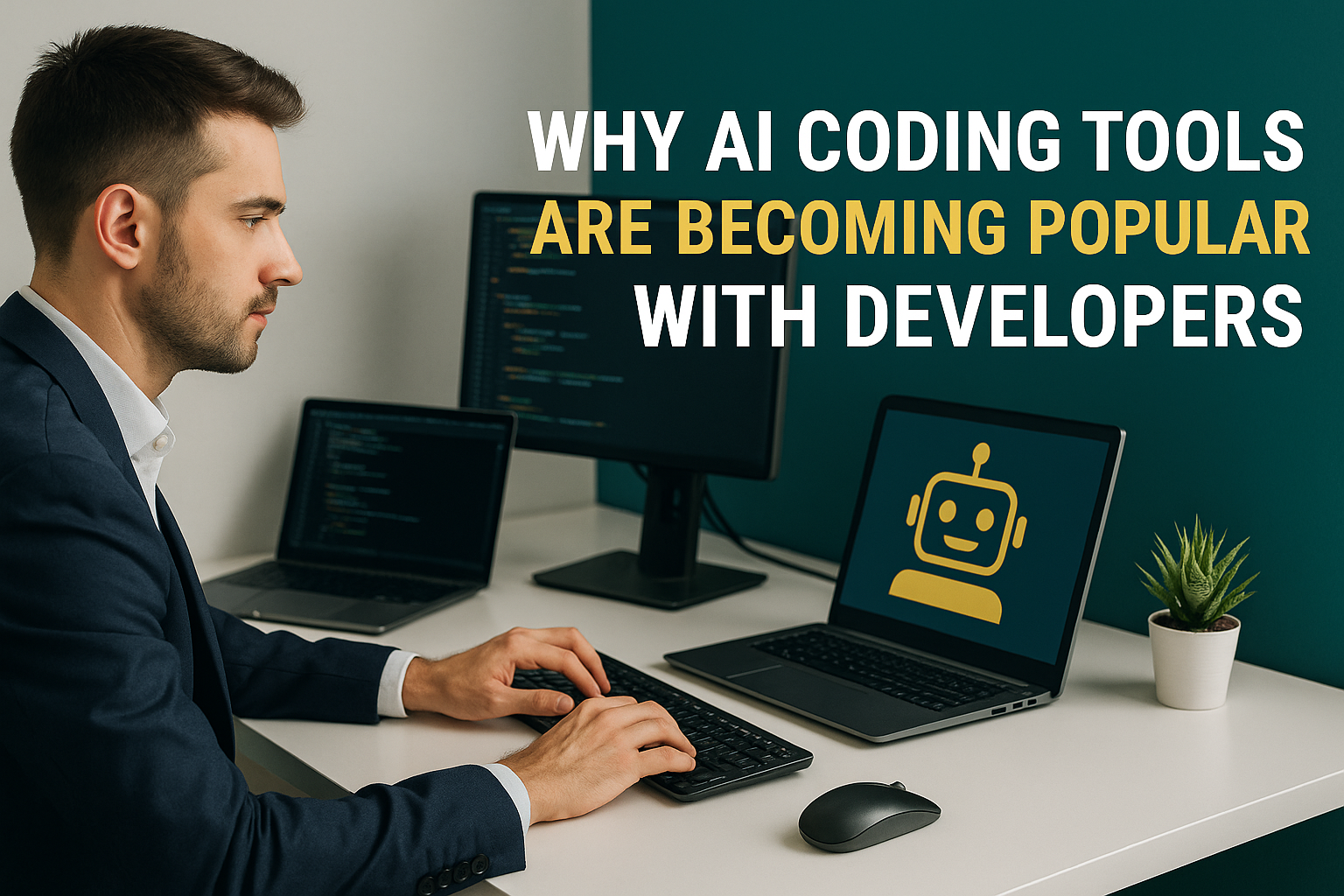 A young software developer working with multiple screens and AI coding tools, with bold overlay text saying "Why AI Coding Tools Are Becoming Popular with Developers" in navy blue, soft gold, and teal.