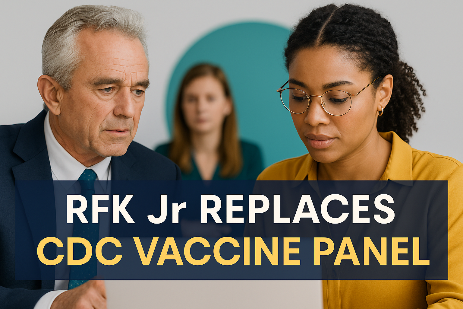 Photographic-style banner showing professionals in discussion with overlaid headline “RFK Jr replaces CDC vaccine panel” in navy blue and soft gold brand colors.