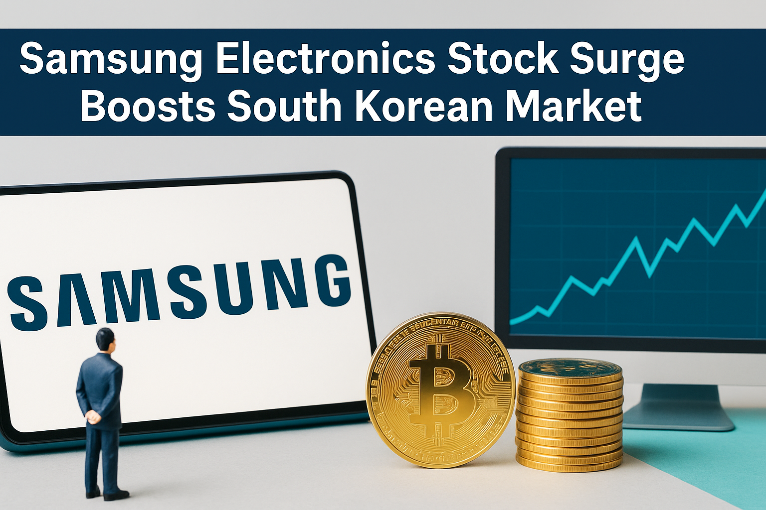 A news-themed digital photograph features the title “Samsung Electronics Stock Surge Boosts South Korean Market” in bold Roboto font. In the foreground, a small business figure stands in front of a Samsung logo on a tablet, while a Bitcoin coin and stacks of gold coins sit beside a rising teal graph on a computer monitor. The image uses a color palette of navy blue, soft gold, light gray, and teal.