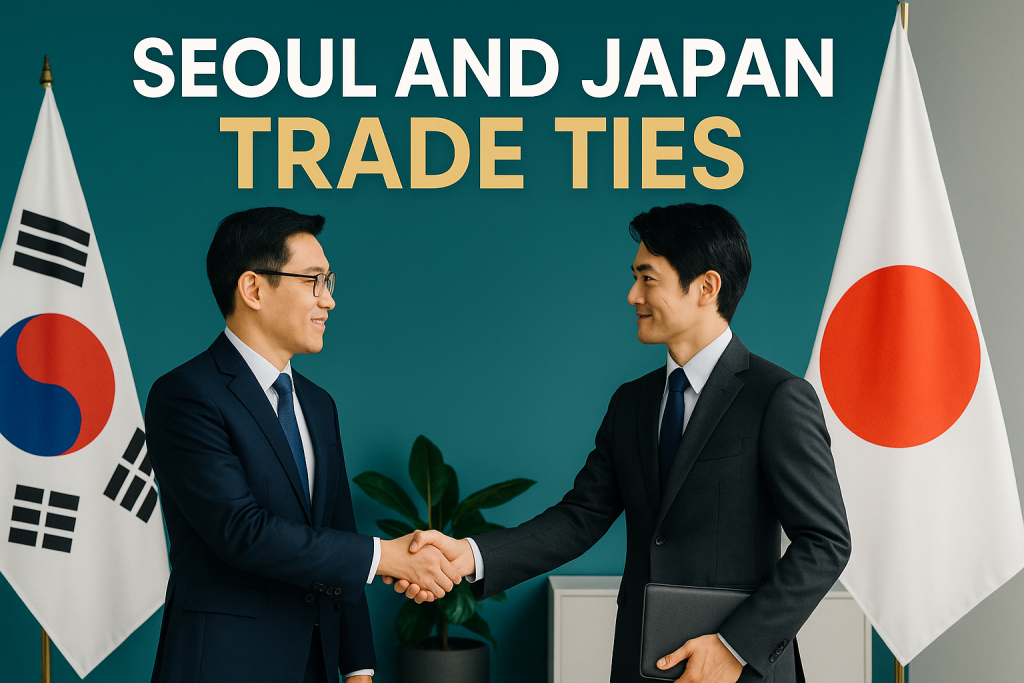 South Korean and Japanese business professionals shake hands under their national flags, visually symbolizing the strengthening of Seoul Japan trade ties.