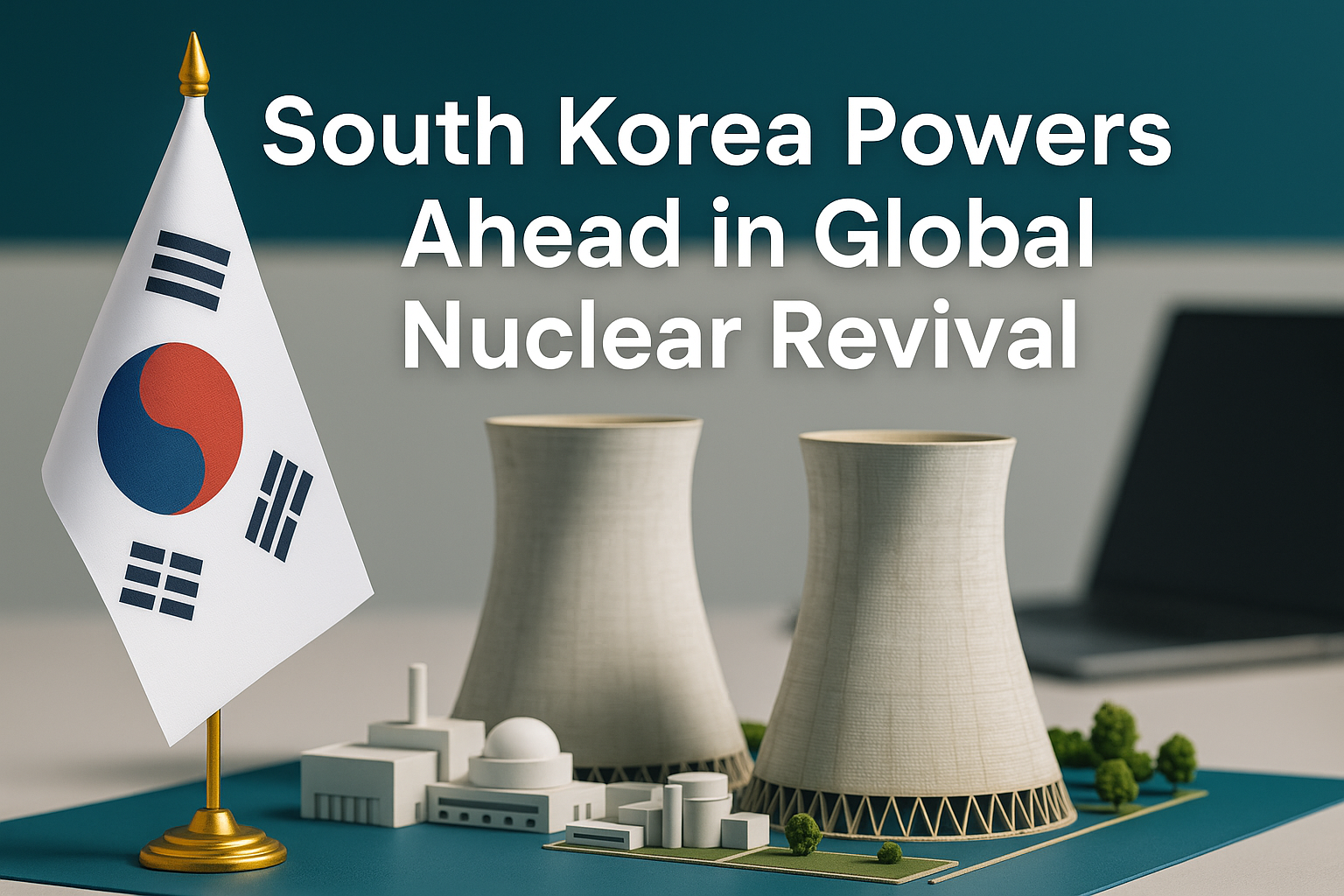 Banner image showing South Korea Nuclear Energy Comeback with South Korean flag and nuclear plant model, highlighting global leadership in clean energy exports.