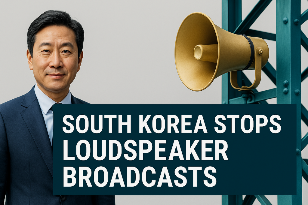 South Korea stops loudspeaker broadcasts - South Korean official with gold loudspeaker symbolizing halted border broadcasts.