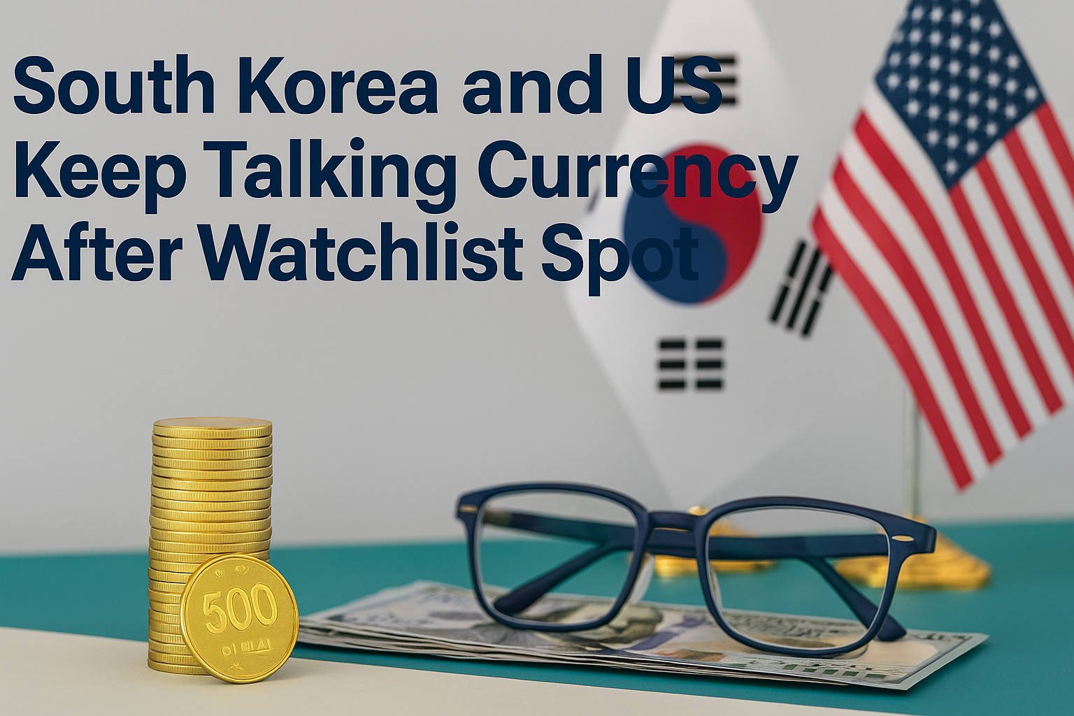 South Korea US currency watchlist concept with South Korean won coins, US dollars, and national flags representing ongoing currency talks.