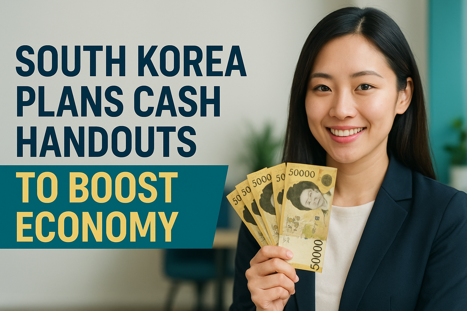 A young East Asian woman in a navy blazer holds several 50,000-won South Korean bills, smiling confidently next to bold text that reads “South Korea Plans Cash Handouts to Boost Economy.”