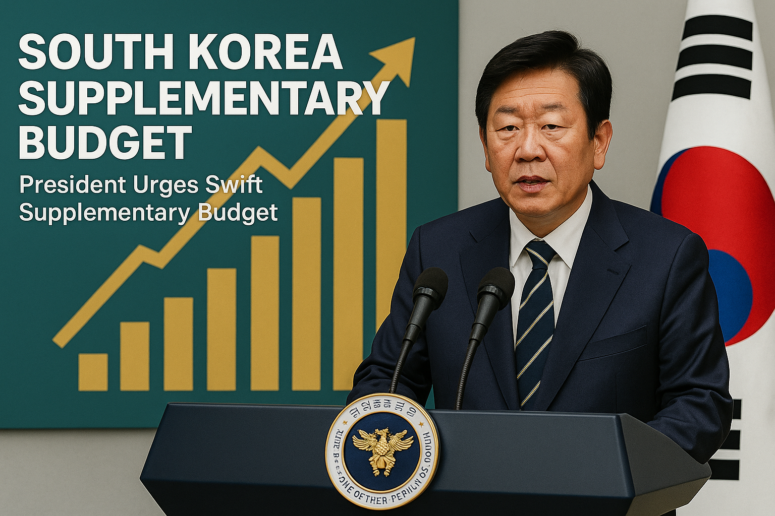 South Korea supplementary budget announcement with President Lee Jae-myung speaking at podium, financial growth chart, and South Korean flag in wide business-style image.