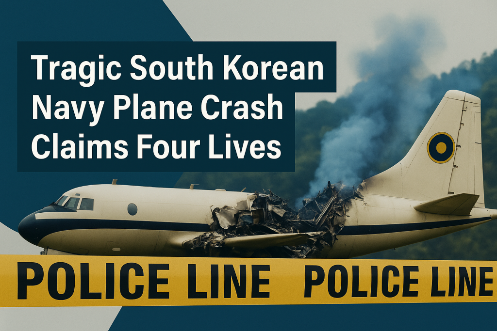 Banner image for the article titled "Tragic South Korean Navy Plane Crash Claims Four Lives" featuring a damaged Navy patrol plane with smoke rising, set against a navy blue, soft gold, and teal color scheme.