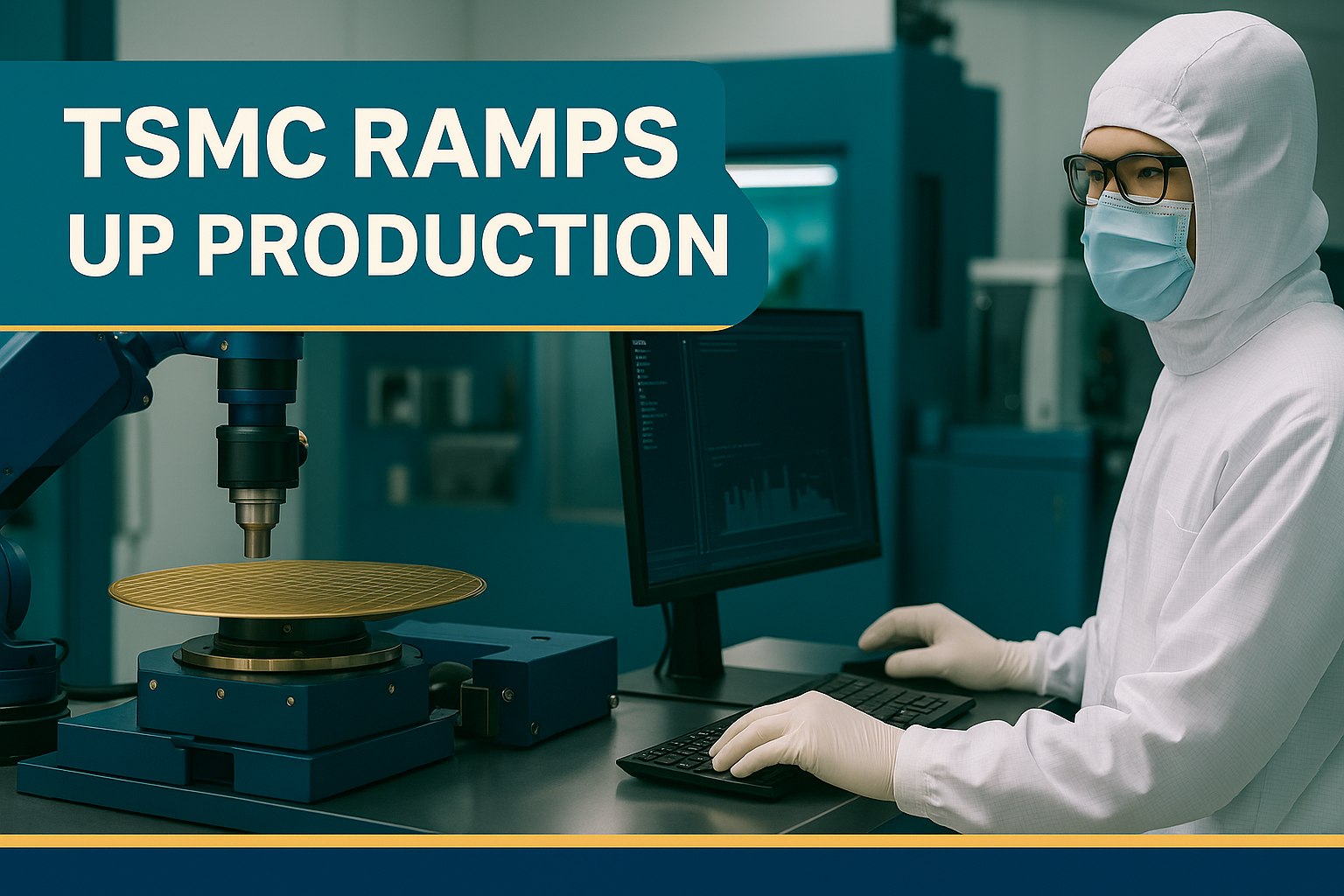 Banner image showing a TSMC technician operating semiconductor equipment in a cleanroom with bold centered text reading “TSMC Ramps Up Production”
