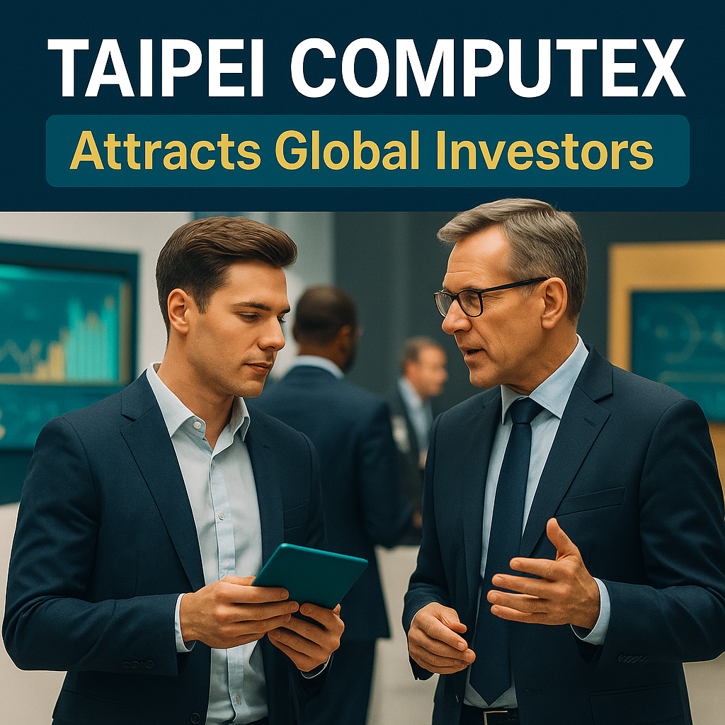 Business professionals at a Taipei tech expo discussing innovations, with banner text featuring the focus keyphrase Taipei tech expos COMPUTEX 2025.