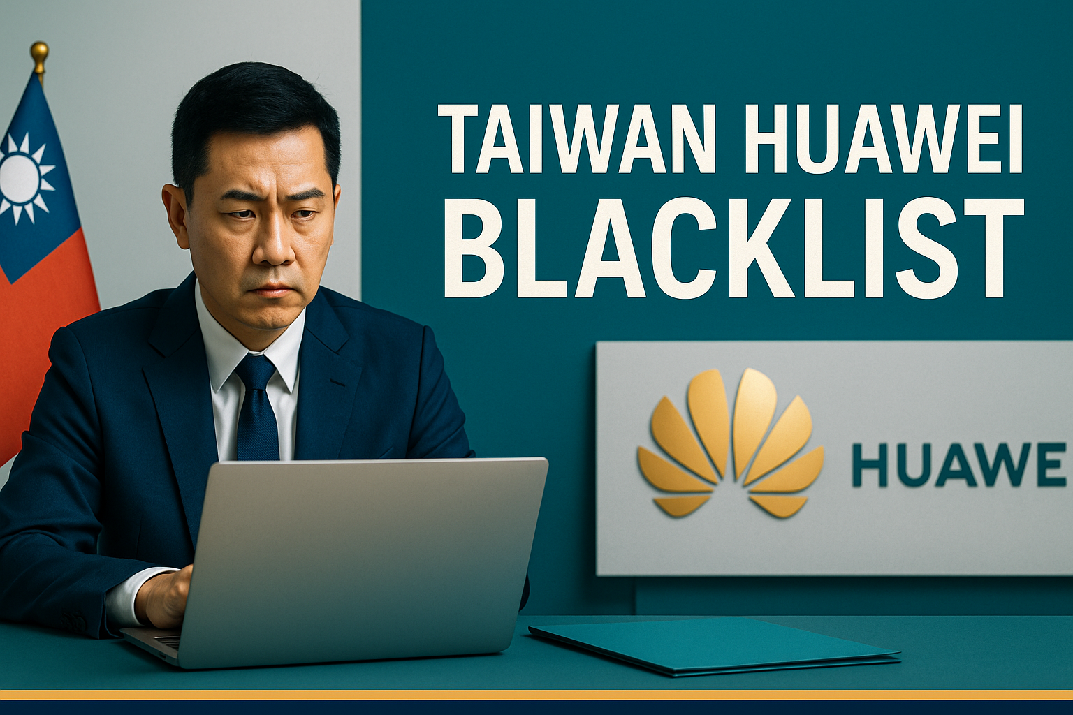 A digitally-created banner image features the headline "Taiwan Huawei Blacklist" in bold Roboto font on a teal and navy background, with a serious businessman in front of a laptop and the Taiwanese flag and Huawei logo behind him.