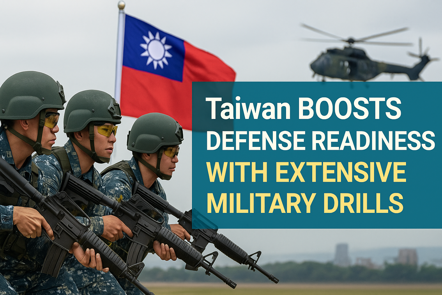 Taiwanese soldiers in camouflage perform a military drill with rifles, the national flag in the background, and bold teal-panel text reading "Taiwan BOOSTS DEFENSE READINESS WITH EXTENSIVE MILITARY DRILLS."