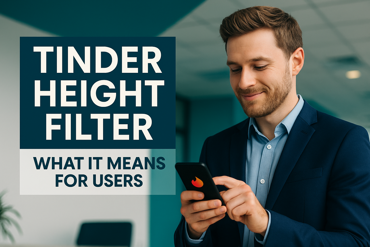 Photographic banner showing a man using the Tinder app on his phone, with the title "Tinder Height Filter: What It Means for Users" in navy blue and soft gold branding; illustrates the concept of the Tinder height filter.