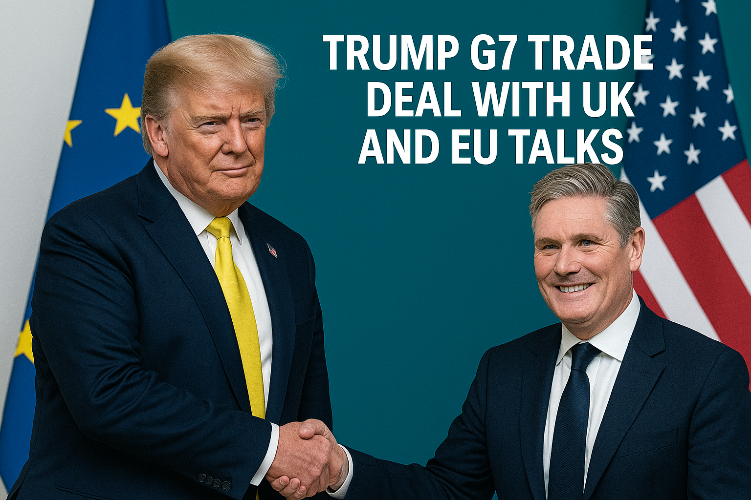 Photographic banner featuring Trump and UK Prime Minister Keir Starmer shaking hands in front of EU and US flags, captioned “Trump G7 trade deal with UK and EU talks.”