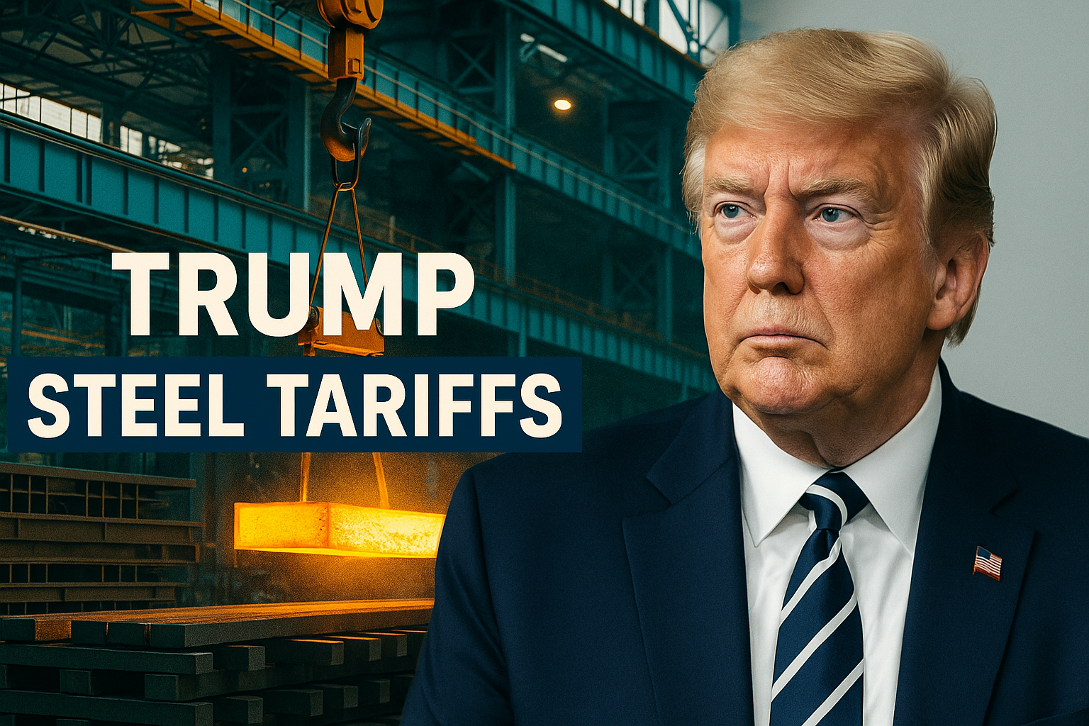 Banner showing President Trump and steel plant backdrop with the words "Trump Steel Tariffs" to illustrate news about Trump steel tariffs and UK trade exemption.
