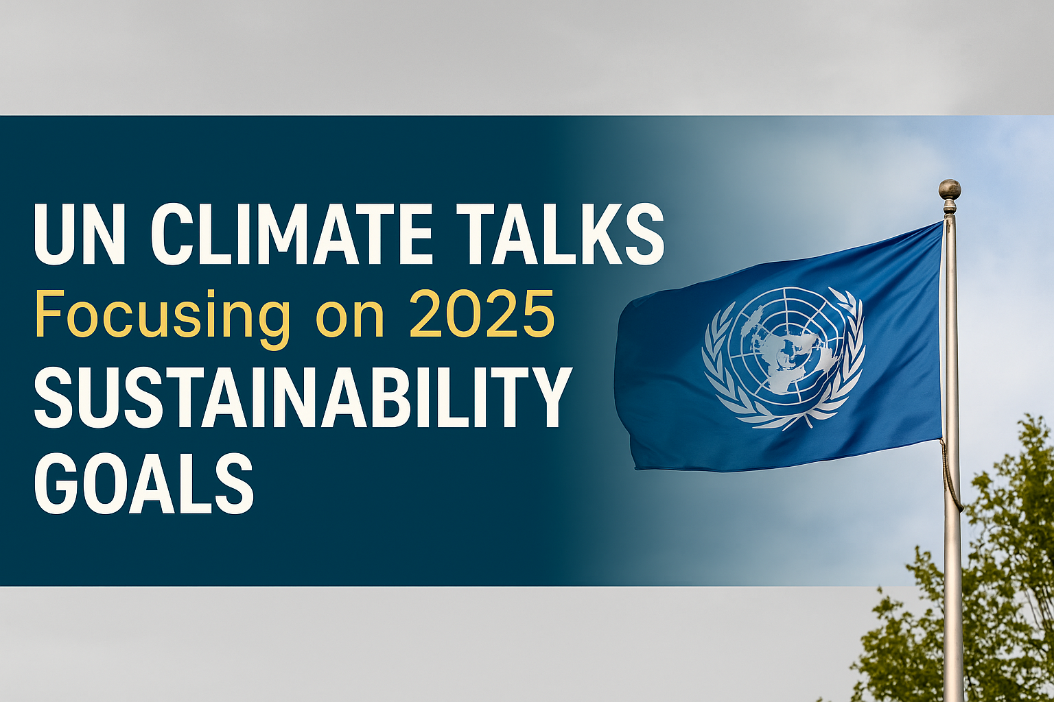 Banner for UN climate talks 2025 sustainability goals featuring the UN flag and bold typography on a teal and navy background.