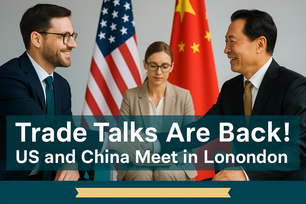 US-China trade talks London - two business leaders from the US and China shake hands at a formal meeting with flags behind them and a note-taking official, representing international diplomacy.