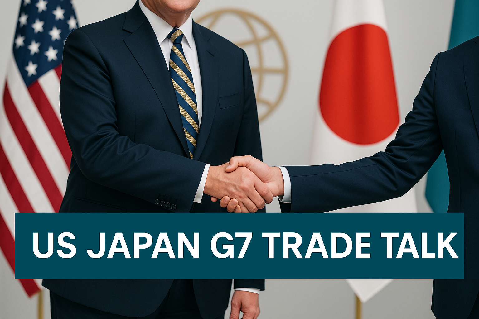 A professional news banner for an article on US Japan G7 trade talks, showing two suited diplomats shaking hands in front of US and Japan flags, with the title “US JAPAN G7 TRADE TALK” in bold white text on a teal banner.