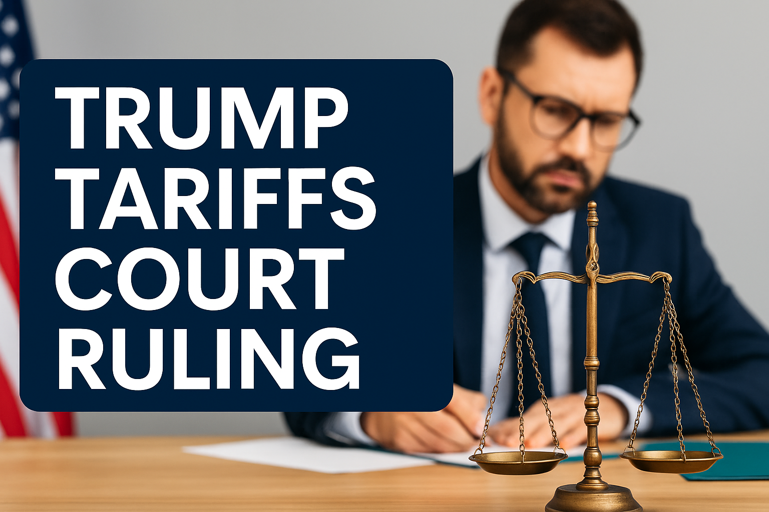 Banner image showing a judge’s scale and a serious professional reviewing papers, symbolizing the Trump Tariffs Court Ruling on illegal tariff actions.
