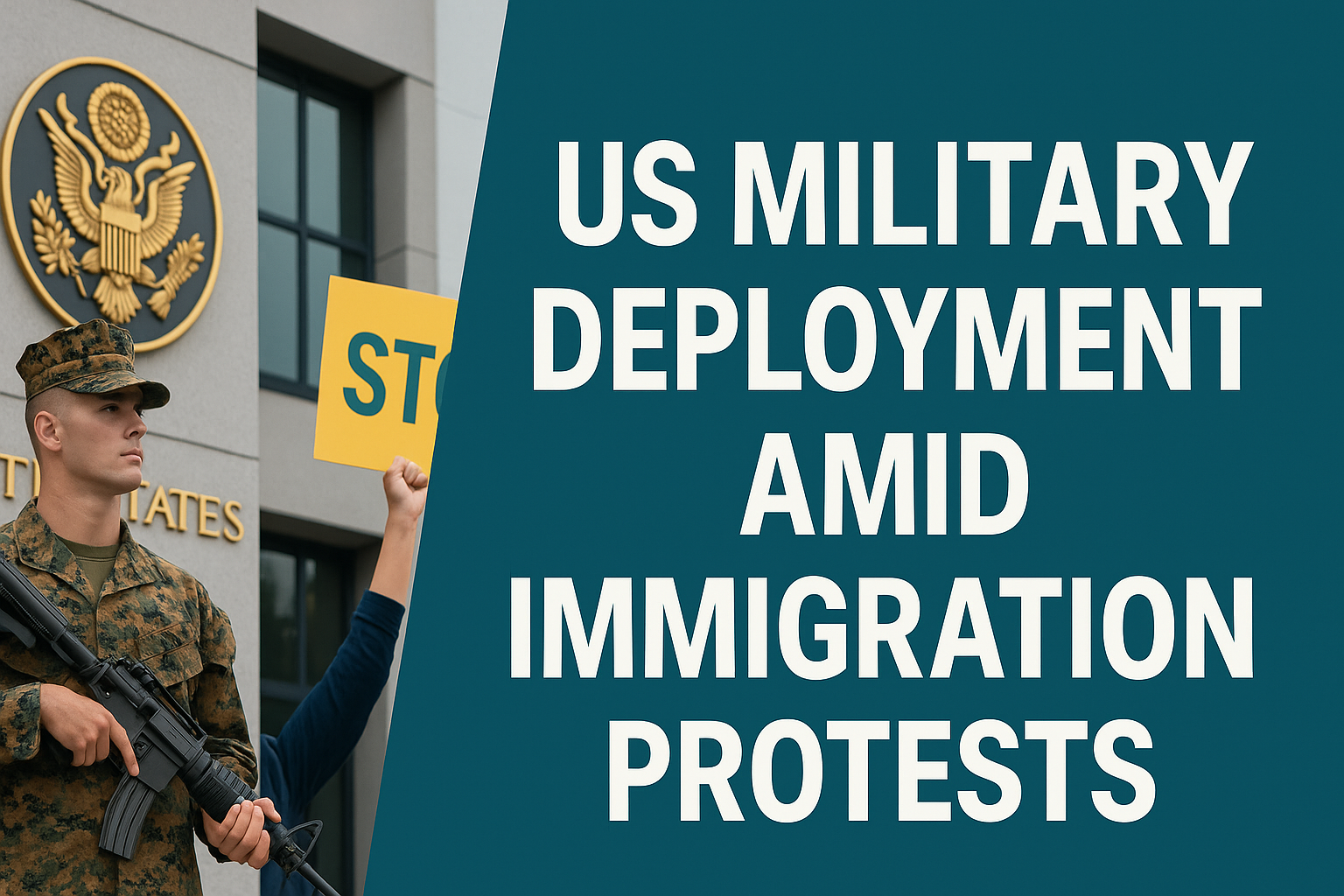 Wide banner image showing a U.S. Marine standing guard beside a protester holding a "STOP" sign, symbolizing the tension of US military deployment during immigration protests in Los Angeles.