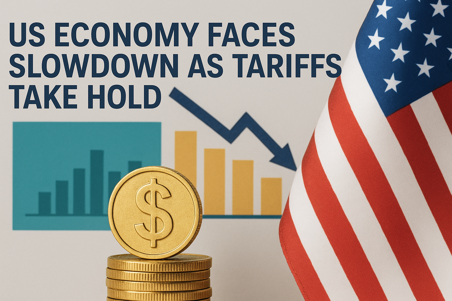 Photographic banner showing US tariffs economic slowdown with falling bar chart, gold coins, and American flag—visually representing trade impact in 2025.