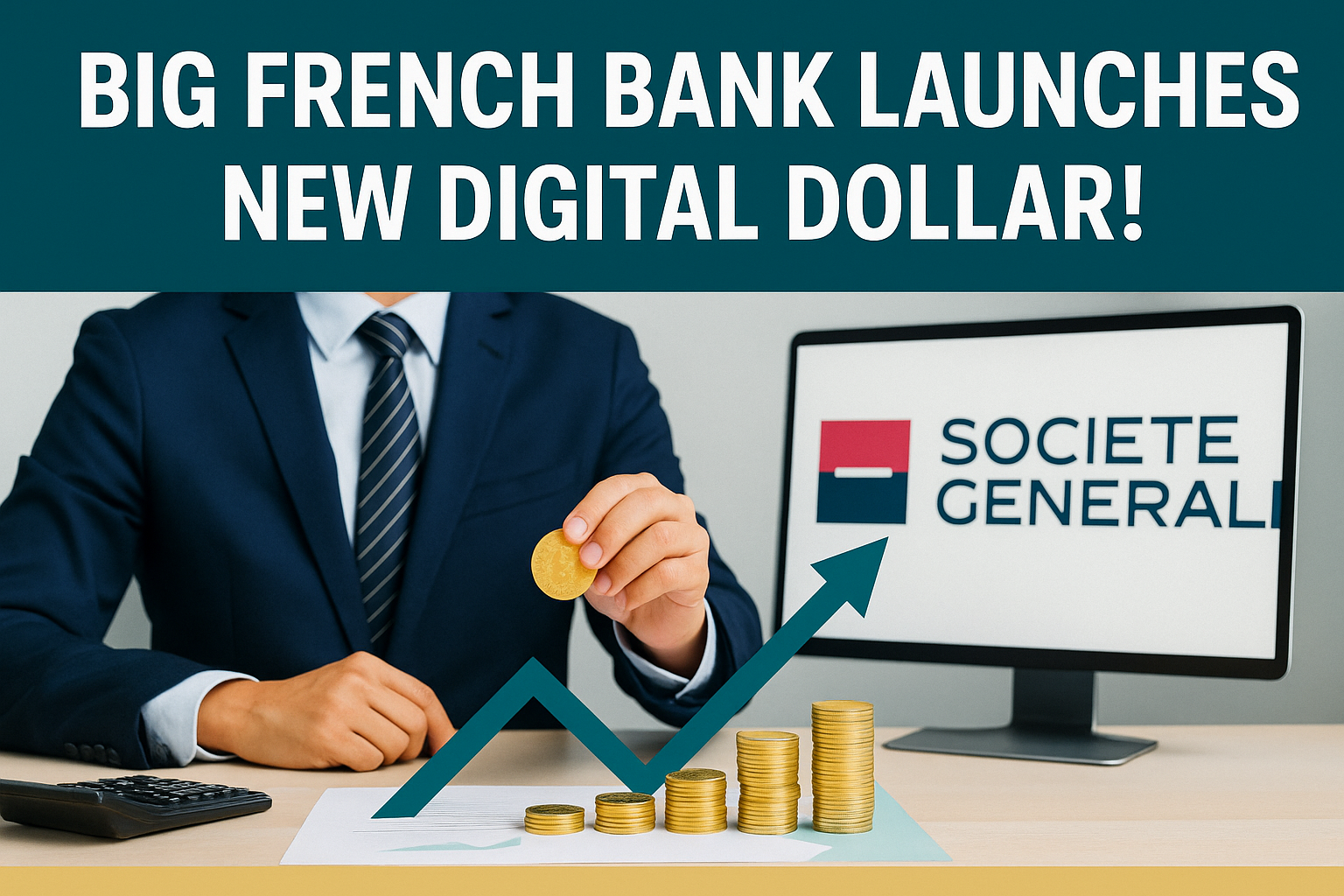 Banner image showing the USD CoinVertible stablecoin launch with Societe Generale branding, digital dollar symbols, and business-themed financial visuals.