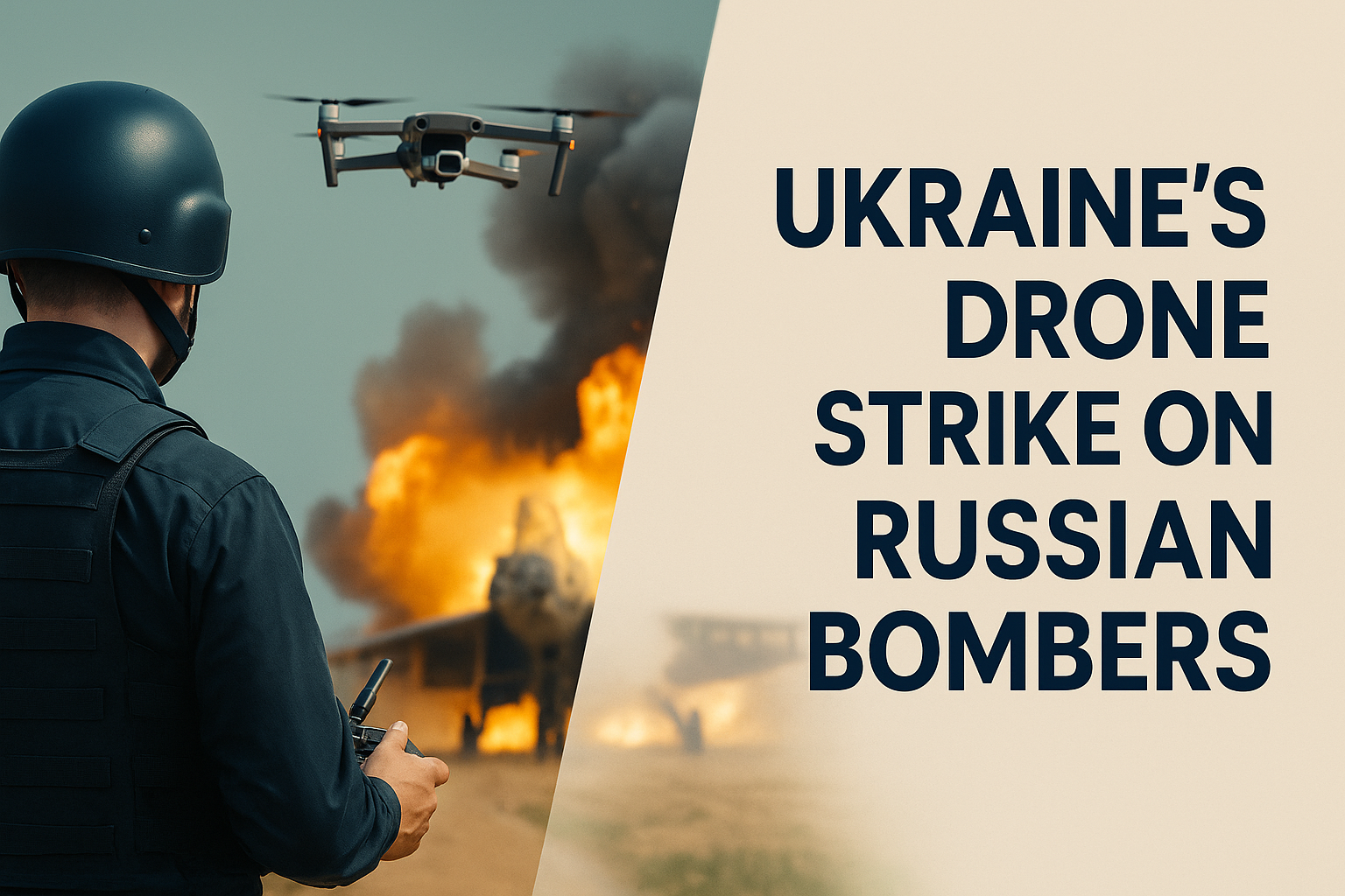 Wide banner image illustrating Ukraine drone strike on Russian bombers, featuring a Ukrainian soldier piloting a drone with bombers exploding in the background and bold text stating the article’s title.