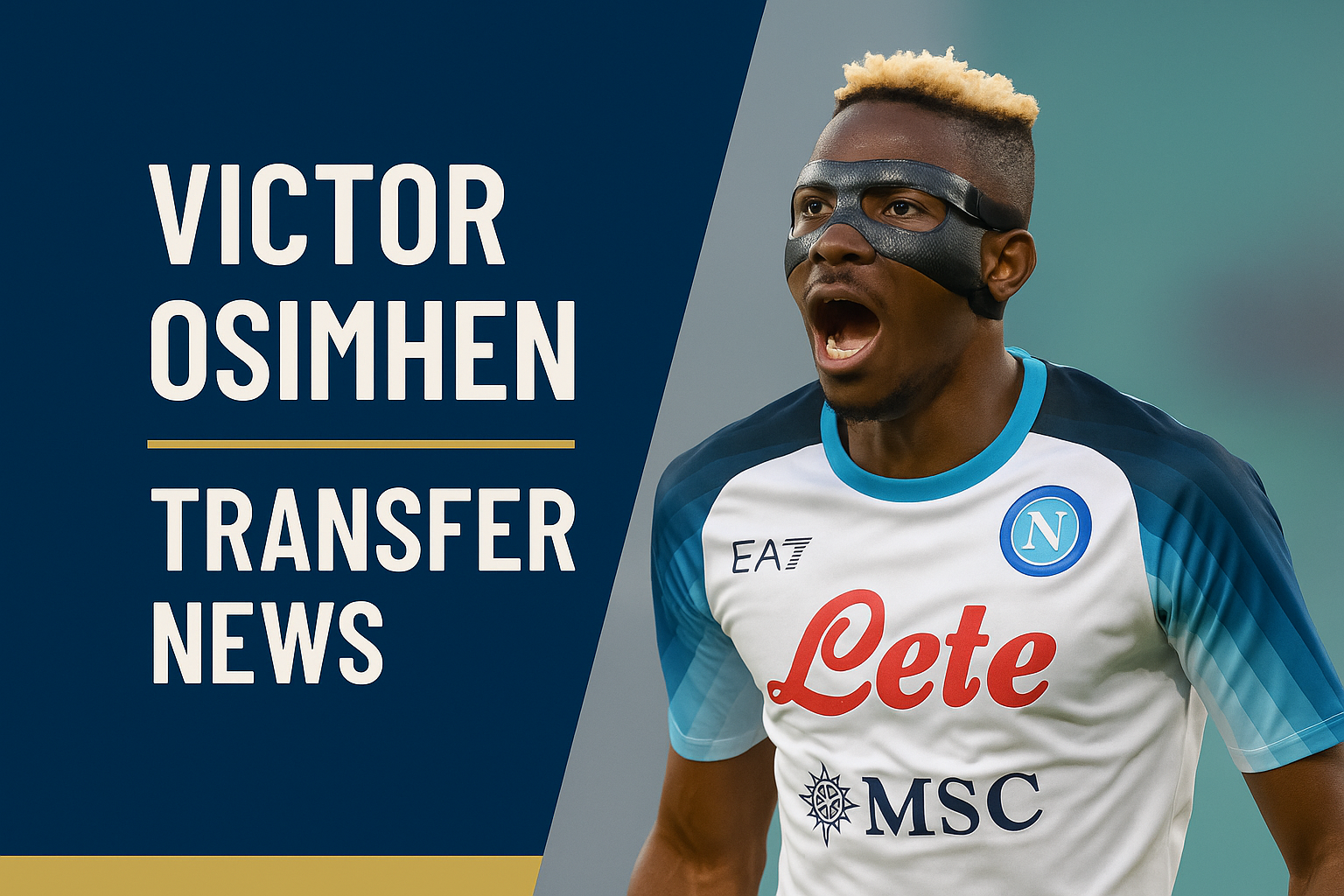 Wide banner showing Victor Osimhen in Napoli colors with bold text “Victor Osimhen Transfer News” styled in navy blue, soft gold, and teal, ideal for football news articles.