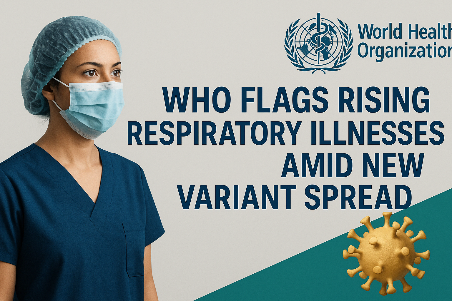 WHO warning respiratory illnesses amid new variant spread with healthcare worker, WHO logo, and virus model in brand colors.
