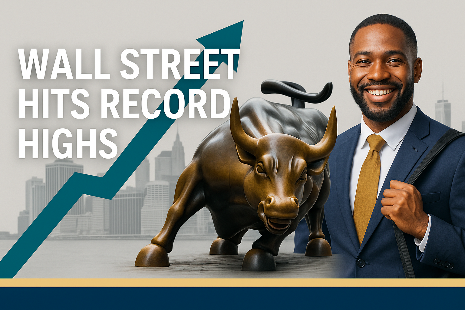 Wide business-themed banner showing a smiling professional man in a suit next to the Wall Street Charging Bull statue, with a teal upward arrow and the title “WALL STREET HITS RECORD HIGHS” in bold Roboto font. Background includes a light gray New York skyline with soft gold and navy blue accent lines.