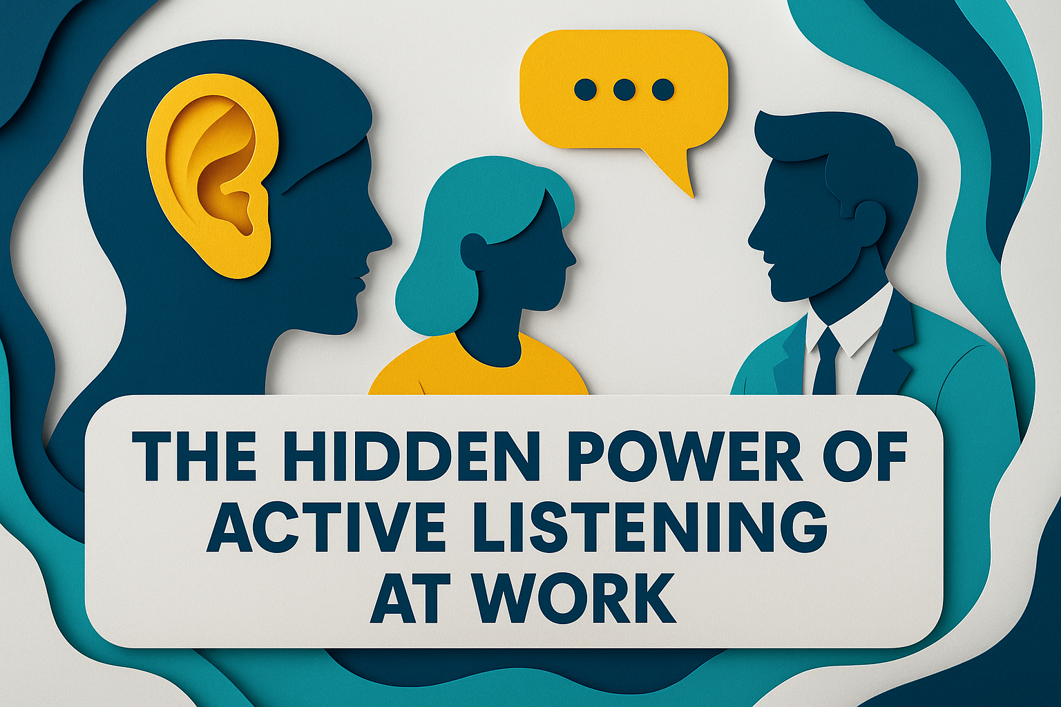 3D paper cut art illustrating the concept of active listening at work with layered cutouts of professionals engaged in conversation, using brand colors and bold text title.