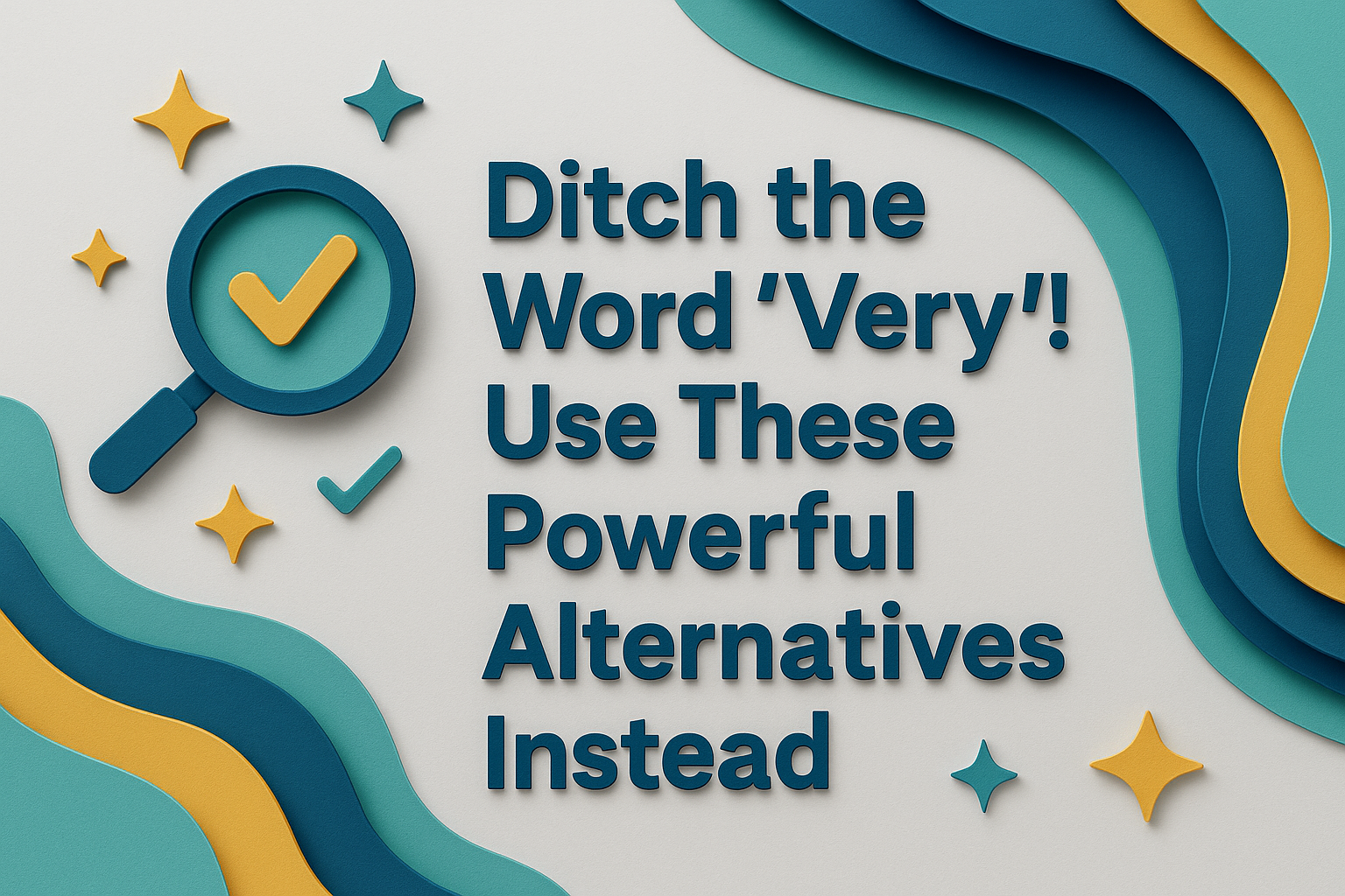 Banner image in 3D paper cut art style with the title 'Ditch the Word Very! Use These Powerful Alternatives Instead', showcasing alternatives to using very with navy blue, soft gold, light gray, and teal brand colors.