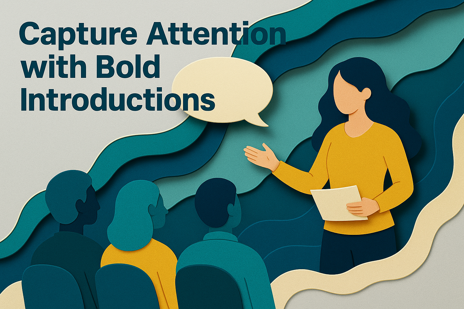 A professional illustration styled in 3D paper cut art showing a confident woman introducing herself to an audience, representing bold introductions in English for business settings.