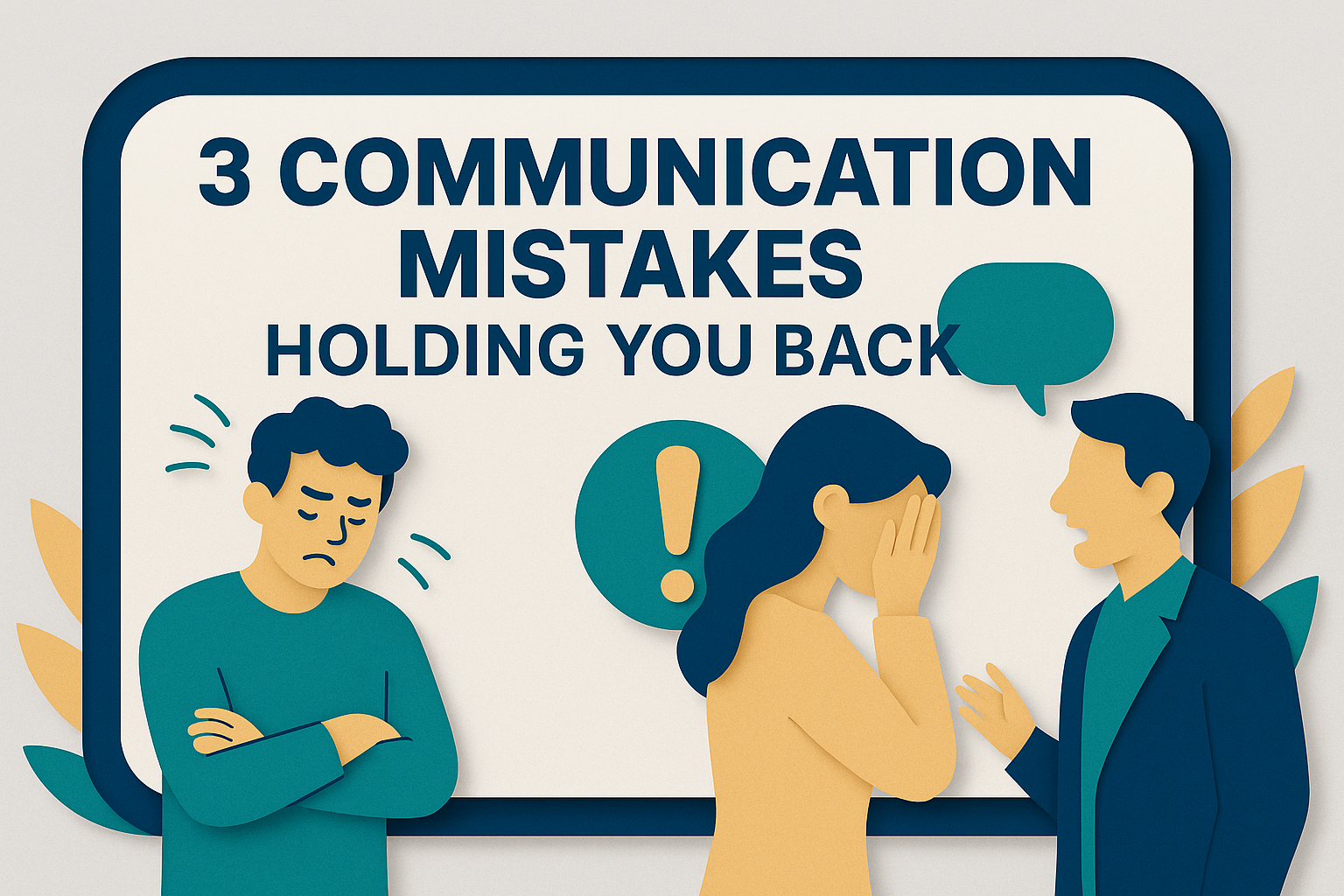 Banner image for "3 Communication Mistakes Holding You Back" featuring 3D paper cut art characters illustrating common communication mistakes in the workplace.